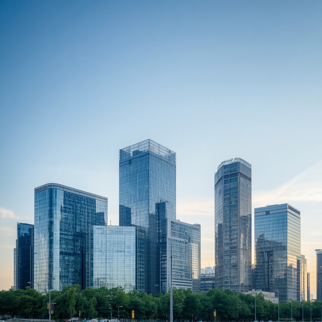 Modern business district skyline with glass office towers representing corporate communication and professional services